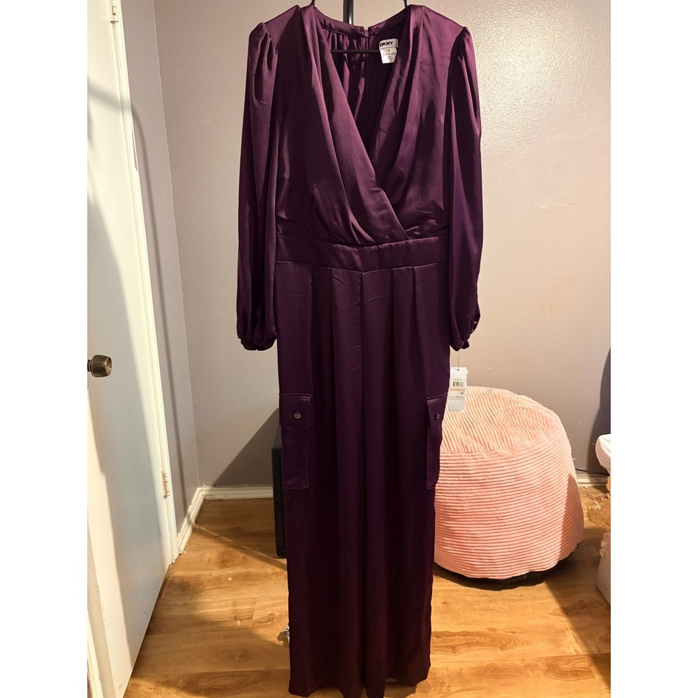 DKNY Deep Purple Long Sleeve V-Neck Wide‎ Leg Jumpsuit Womens Size 10